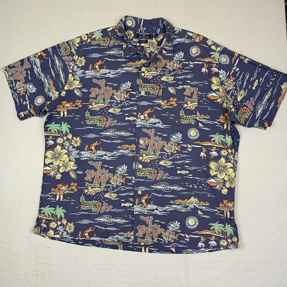 Polo Sport Ralph Lauren Mens XXL Navy Blue Hawaiian Surfer Print Button Shirt